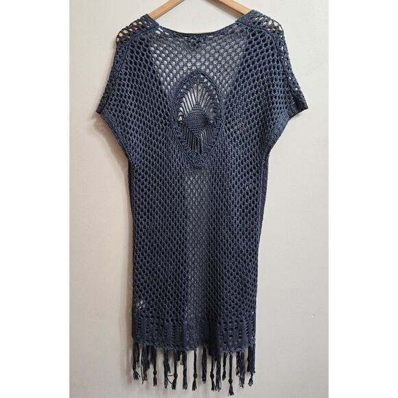 Artesia Womens Boho Crochet Duster Cover-up Size M Blue Beaded Open Knit Boho - Picture 5 of 12